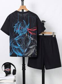 SHEIN Conjunto informal de camiseta de manga corta que brilla en la oscuridad y pantalones cortos para niño preadolescente