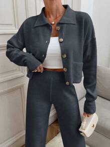 EURMUSE 2 件韩版马球领针织开衫套装，金属纽扣装饰，女士休闲 - 深灰色 - 查看 2