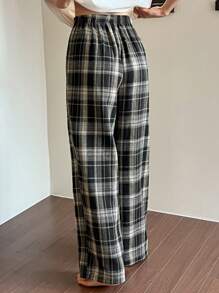 DAZY Women's Elastic Waist Plaid Casual Loose Fit Loungewear Cozy Pants, For Pajama, Fall & Winter - Grey - View 2