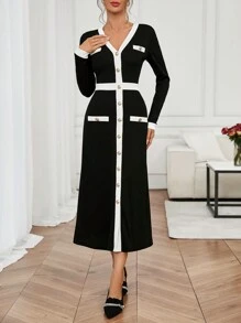 SHEIN Clasi 女士优雅黑白撞色饰边口袋休闲长裙，通勤和约会皆宜