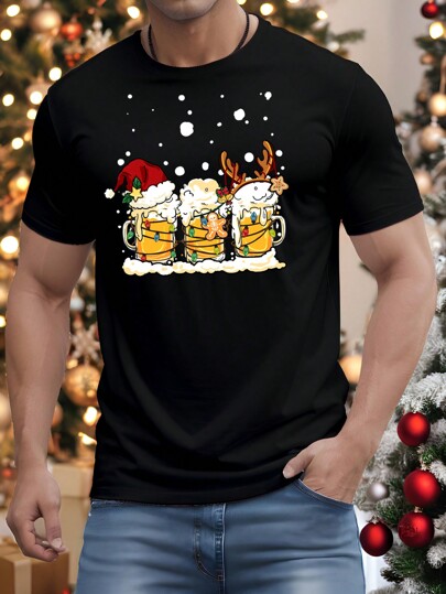 Manfinity Homme Christmas Snowflake Print Beer Graphic Casual Short Sleeve T-Shirt For Men, Black