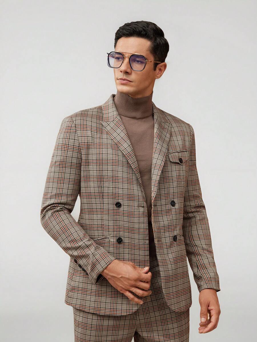 Manfinity VCAY Men Plaid Print Double Breasted Blazer