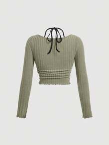 SHEIN MOD Áo thun dài tay có gân phối màu xanh lá cây và đen 2 trong 1 dành cho nữ - màu xanh lá - Xem 2