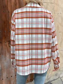 INAWLY Women's Plaid Drop Shoulder Long Sleeve Single-Breasted Utility Pocket Casual Jacket For Autumn/Winter/Spring Fall Cloth For Women - Orange - View 2