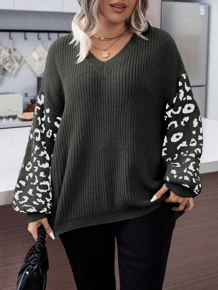 SHEIN LUNE Plus Size V-Neck Sweater, Minimalistic Fashion Casual Everyday Wear, For Winter Knit Pullover Fall - Dark Grey - View 3