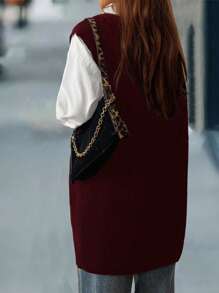 EMERY ROSE Áo len dệt kim đơn giản không tay màu trơn cỡ lớn, mặc thường ngày, cho Lễ Tạ ơn - Màu Đỏ Sâu - Xem 2