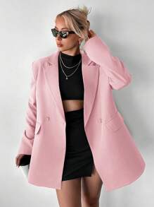 SHEIN 大尺碼女款純粉色雙排扣休閒翻領簡約職場西裝外套 - 淺粉色 - 查看 4