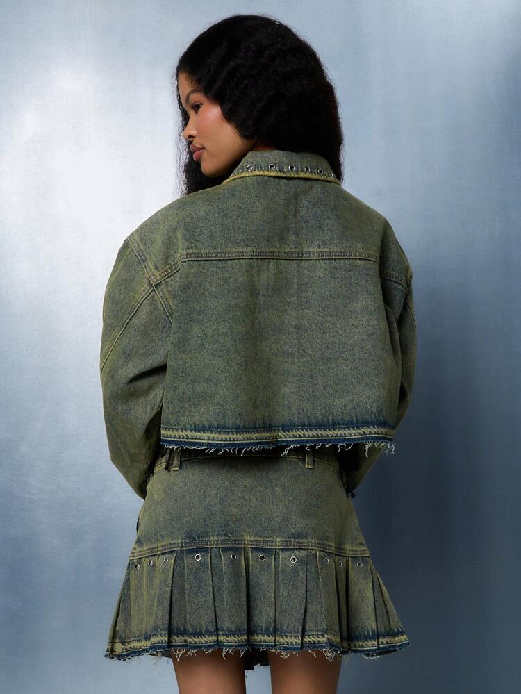 SUMWON WOMEN Pleated Denim Mini Skirt With Grommets And Lace Up