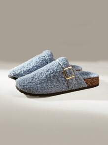 Solecia Women's Solid Color Splicing Metal Decorative Round Toe Fluffy Slippers - Blue - View 3