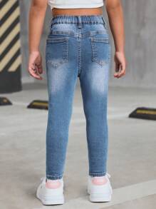 SHEIN Young Girl' Blue Denim Ripped Skinny Jeggings,Girl Fall Clothes - Light Wash - View 2