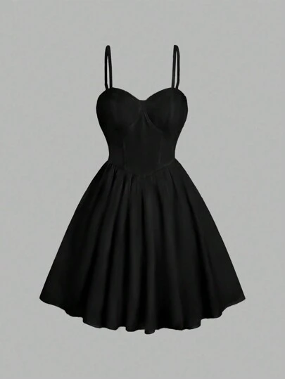 Sweetra Women's Solid Color Spaghetti Strap Simple Casual Dress, For Daily Wear Mini Short Women Outfit