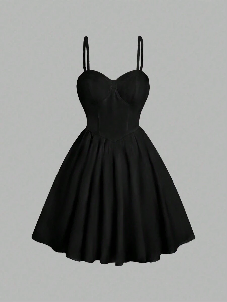 Sweetra Women's Solid Color Spaghetti Strap Simple Casual Dress, For Daily Wear Mini Short Women Outfit - Black - View 1