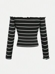 SHEIN Tween 女童休闲优雅单肩条纹 T 恤，春/夏/秋/冬 - 黑與白 - 查看 2