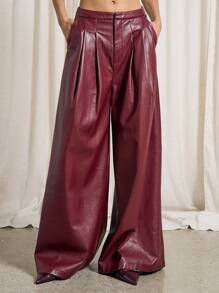 AiiRZ PU 飘逸褶皱阔腿裤 - 紅色 - 查看 1
