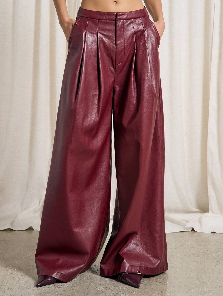 AiiRZ PU 飘逸褶皱阔腿裤 - 紅色 - 查看 1