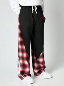 ROMWE MEN Street Life 男士休闲格子拼接星星字母刺绣长裤，日常穿着 - 彩色 - 查看 3