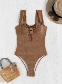 Women Solid Color Textured Fabric Summer Beach Body Fitted Backless One-Piece Swimsuit - Rust Brown - View 3