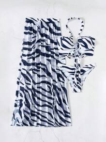 Swim Vcay Bộ 3 món/Bộ 2025 Đồ bơi bikini hai mảnh họa tiết ngựa vằn đi biển mùa hè - Màu xanh hải quân - Xem 4