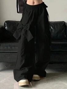 SHEIN EZwear Women's Solid Color Bow Decor Casual Cargo Pants