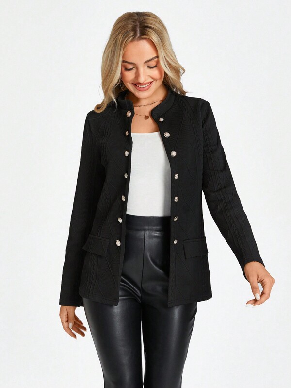 SHEIN LUNE 中式立领休闲制服工作夹克，常规款式，黑色，适合秋冬季