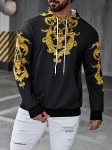 Manfinity LEGND Áo nỉ có mũ trùm đầu in họa tiết cổ điển dành cho nam, Áo hoodie dài tay họa tiết Paisley họa tiết mùa thu giản dị, Quà tặng cho bạn bè, chồng, bạn trai - màu đen - Xem 3