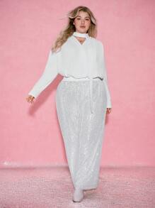 SHEIN EZwear Plus Size Solid Color Halter V-Neck Long Sleeve Bodysuit - White - View 5