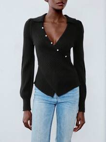 Chiquease Damski sweter z kontrastowymi guzikami i długim rękawem, uniwersalny sweter dzianinowy na jesień/zimę