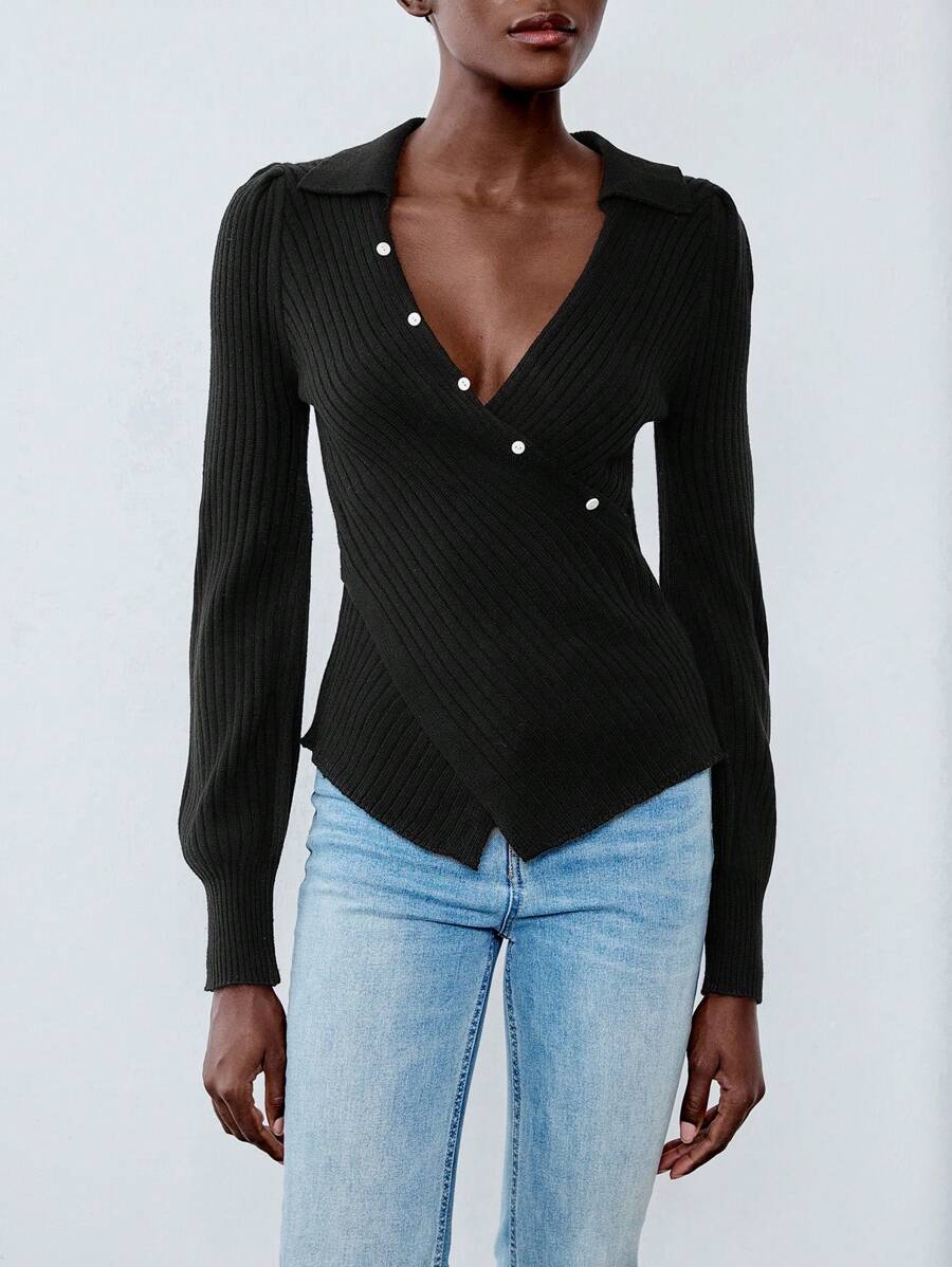 Chiquease Damski sweter z kontrastowymi guzikami i długim rękawem, uniwersalny sweter dzianinowy na jesień/zimę