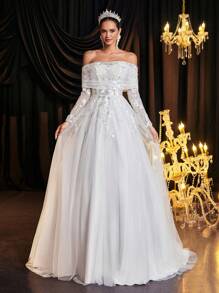 Glamrae 优雅奢华露肩透明长袖刺绣蕾丝贴花网眼荷叶边连衣裙，带拖尾，适合婚礼、派对、度假、舞会、宴会（刺绣） - 米色 - 查看 4