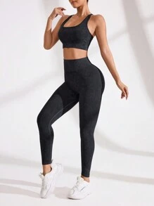 Easithlete 女士露背吊带背心和运动紧身裤套装 女士健身套装 - 黑色 - 查看 2