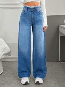 EURMUSE Casual Washed Frayed High Waist Straight Leg Jeans - Medium Wash - View 1