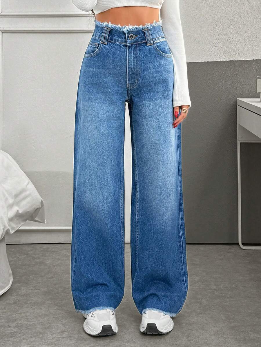 EURMUSE Casual Washed Frayed High Waist Straight Leg Jeans - Medium Wash - View 1