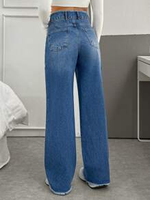 EURMUSE Casual Washed Frayed High Waist Straight Leg Jeans - Medium Wash - View 2