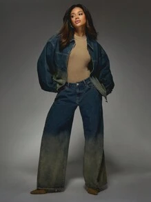 MISSGUIDED Oversized Ombre Bomber Denim Jacket Elastic Waist Fall Winter Fashion Streetwear Zip Up Urban Style Outerwear Casual Dark Base Utility Coat