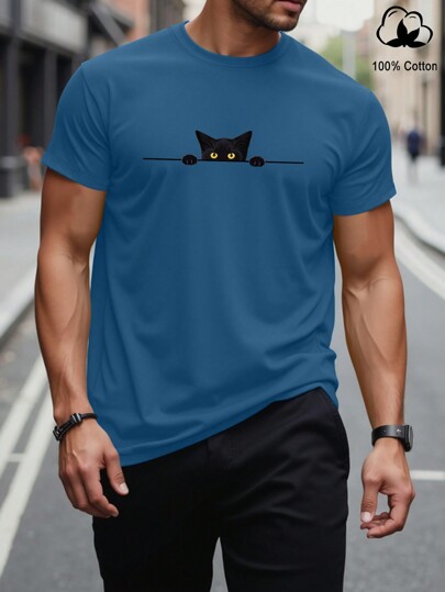 Manfinity Homme Men's Casual Cat Print Short Sleeve T-Shirt, Simple Design