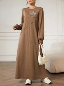 Mulvari Embroidered Beaded Ribbed Sleeve Round Neck Dress Sweatshirt For Women, Autumn/Winter - Mocha Brown - View 4