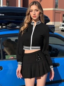 SHEIN 少女黑白长袖短款夹克和百褶裙 2 件套休闲套装 - 黑與白 - 查看 2