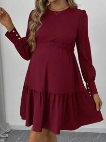 SHEIN Maternity Long Sleeve Solid Color Dress, Casual And Fashionable For Daily Wear - Red - View 1