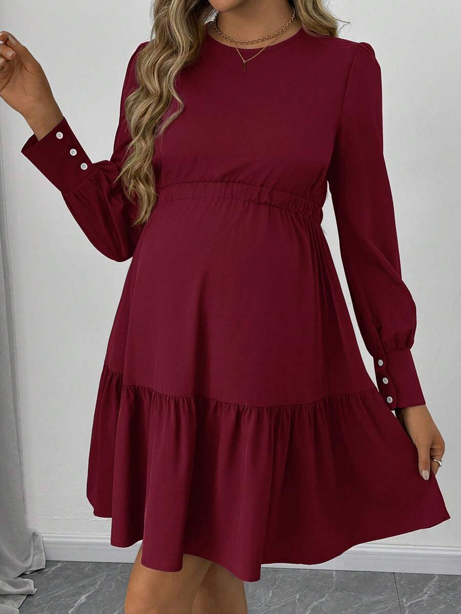SHEIN Maternity Long Sleeve Solid Color Dress, Casual And Fashionable For Daily Wear - Red - View 1