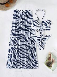 Swim Vcay Bộ 3 món/Bộ 2025 Đồ bơi bikini hai mảnh họa tiết ngựa vằn đi biển mùa hè - Màu xanh hải quân - Xem 5