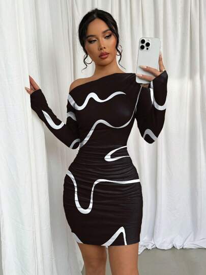 Elenzga Asymmetric Ruched Graffiti Print Long Sleeve Dress Fall Cloth For Women