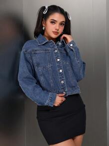 SHEIN EZwear Autumn Casual Water-Washed Cropped Denim Jacket - Dark Wash - View 5