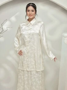 Graceveil Baju Kebaya Floral Jacquard Long Sleeve Button-Up Shirt & Long A-Line Skirt Set Modest