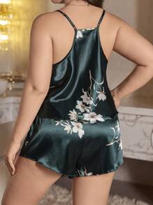 LuxeNights Plus Size Floral Print Contrast Lace Design Satin Pajama Set