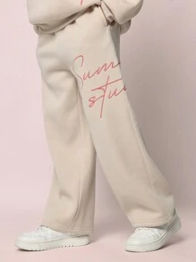 SUMWON 时尚字母 Logo 连帽卫衣运动裤套装，可搭配穿着，宽松舒适，适合秋冬季日常穿着，街头风刺绣字母，适合青少年女孩度假穿着 - 杏色 - 查看 4