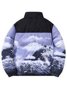 Manfinity LEGND Plus Size Men's Mountain Print Stand Collar Zip-Up Casual Padded Coat, Going Out Warm Colorful Graphic Winter Coat, For Friends, Husband, Boyfriend Gifts