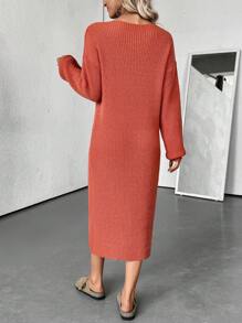 SHEIN LUNE 女士圆领珍珠装饰长裙毛衣，厚实，温暖，时尚，百搭，优雅，橙色 - 橘色 - 查看 2