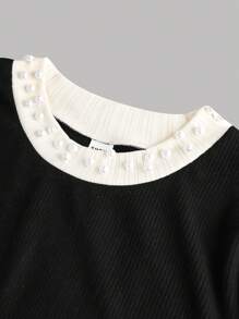 SHEIN Girlism 少女优雅复古串珠撞色长袖迷你连衣裙 - 黑色 - 查看 7