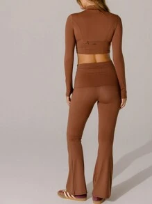Aralina 时尚巧克力棕色翻边喇叭裤运动瑜伽裤 - 駝色 - 查看 2