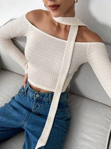 SHEIN Essnce Women Simple Off Shoulder Long Sleeve Solid Color Casual T-Shirt - White - View 4